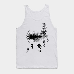 Mermaids swimming towards a pirate ship Tank Top